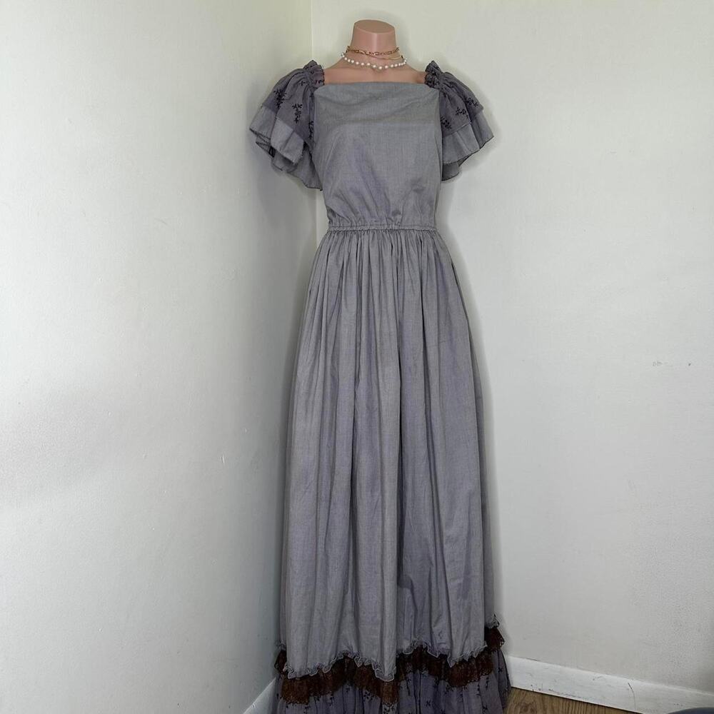 Maxi Dress Gown Medium Gray Long Lace Vintage Handmade Regency Goth Cottage